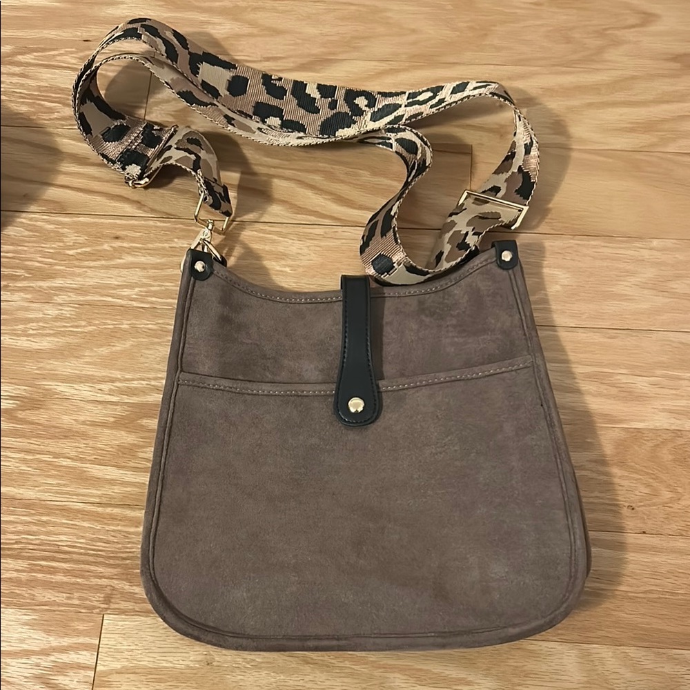 Taupe Suede Shoulder Bag with Animal Print Strap